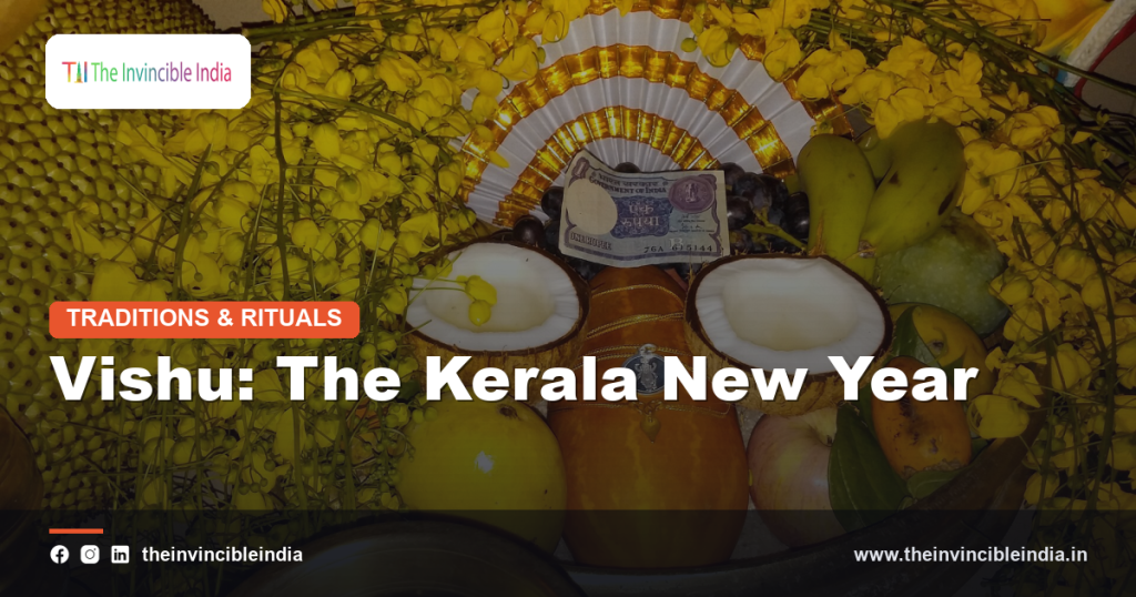 A traditional Vishukkani arrangement of fruits, flowers and a mirror for Vishu