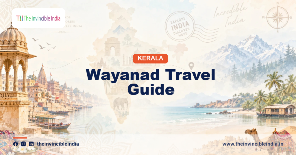 Wayanad travel guide banner over the Western Ghats hills and plantation country of Wayanad, Kerala